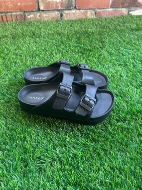 BAMBOO Black Double-Buckle Slide Sandals with Adjustable Straps